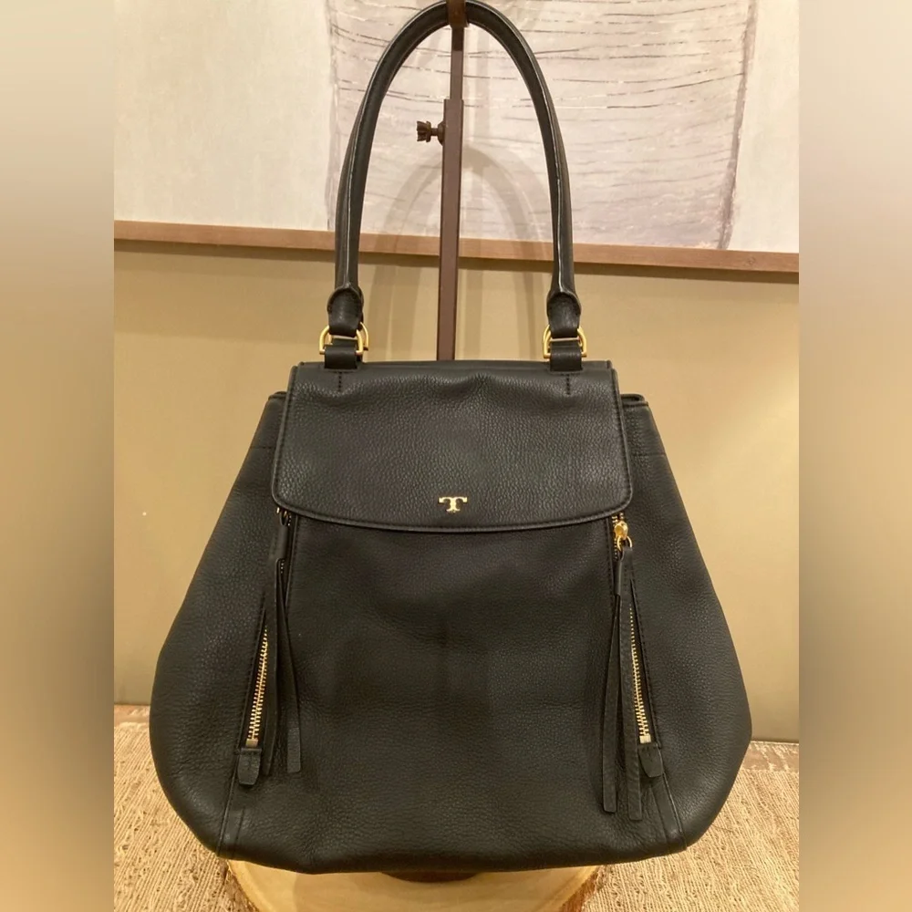 TORY BURCH Half-Moon Leather Satchel Tote Purse Handbag‎ Black Leather